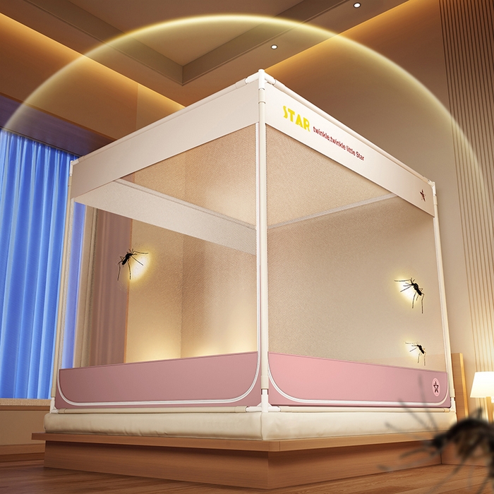 91家纺网 家纺一手货源 找家纺 青竹苑 2025新款无印字母三门坐床床笠底防摔蚊帐 星星