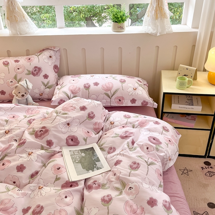 91家纺网 家纺一手货源 找家纺 大吉 2025新款100全棉纯棉喷气小清新被套四件套纯棉三件套床笠四件套单被套单枕套 幸福时光