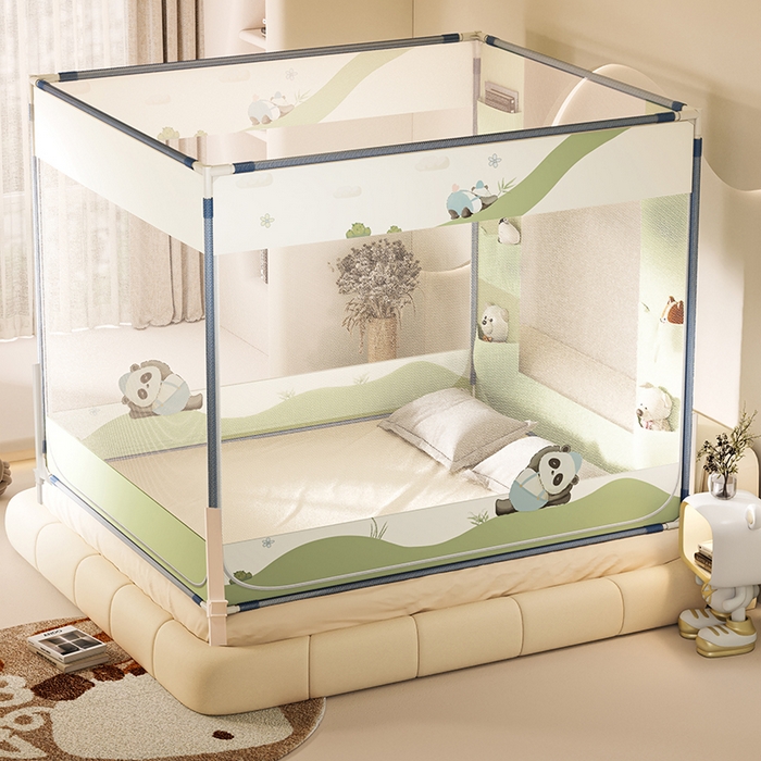 91家纺网 家纺一手货源 找家纺 青竹苑 2025新款围栏支架口袋款坐床防摔蚊帐 功夫熊猫