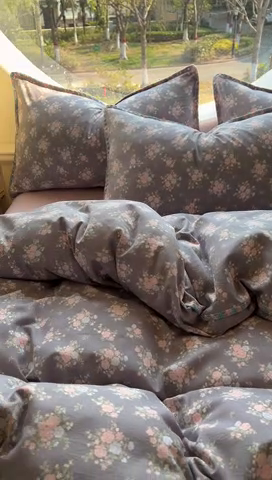 91家纺网 家纺一手货源 找家纺 葡萄家 2025爆款高克重彩色三角针A类针织双层纱四件套 提供买家秀 茉福灰