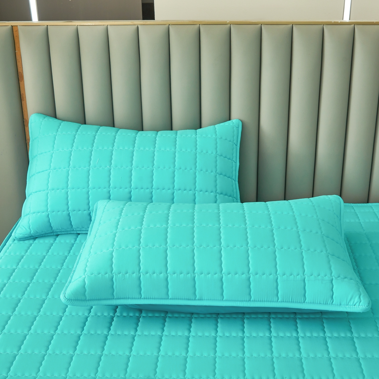 91家纺网 家纺一手货源 找家纺 欧邦 2025新款可拆卸六面全包夹棉床笠 单面夹棉-净水绿