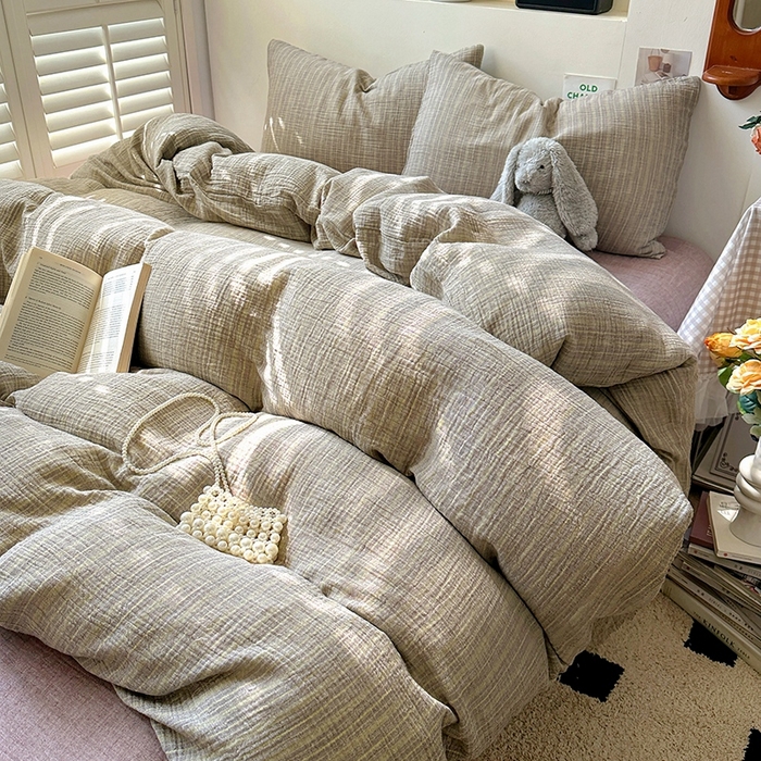 91家纺网 家纺一手货源 找家纺 田野2025新款全棉皱皱纱四件套 小半-亚麻棕