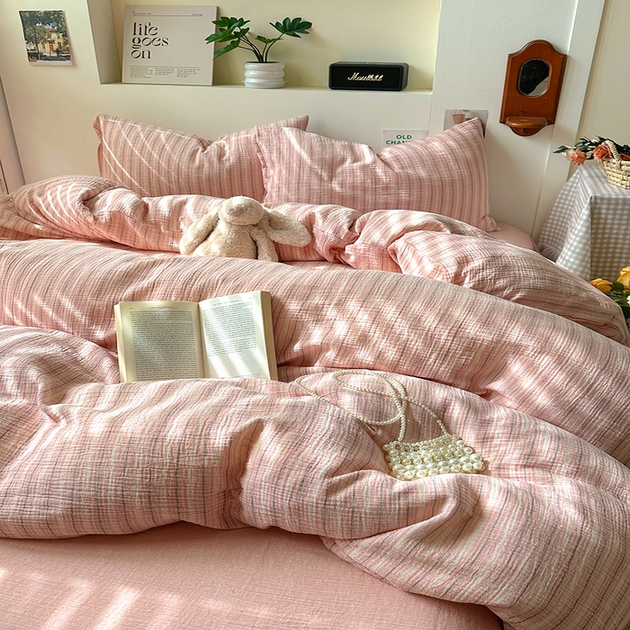 91家纺网 家纺一手货源 找家纺 田野2025新款全棉皱皱纱四件套 小半-粉米