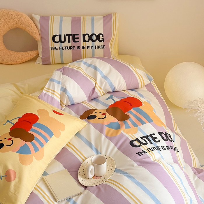 91家纺网 家纺一手货源 找家纺 花言狐语 2025新款全棉13372卡通大版数码印花四件套（提供买家秀） 可爱小狗（紫）