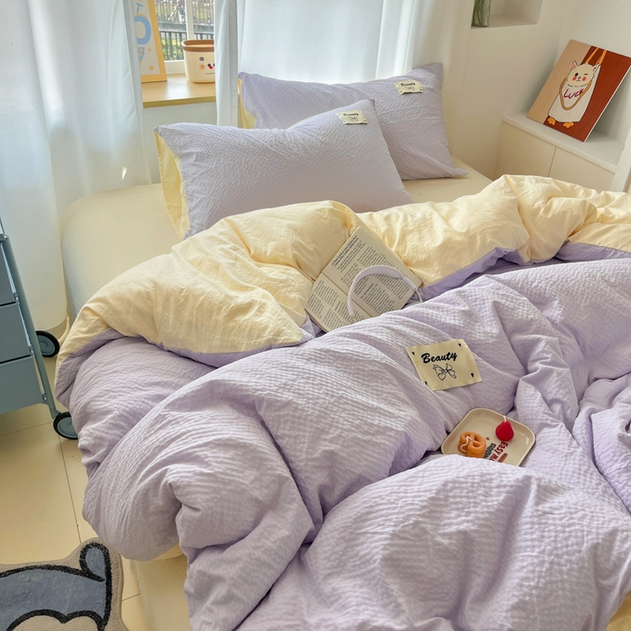 91家纺网 家纺一手货源 找家纺 桃心家居 2025新款A类韩系亲肤软糯甜格泡泡水洗棉撞色奶呼呼织标蝴蝶少女四件套 泡泡水洗棉-甜格紫黄