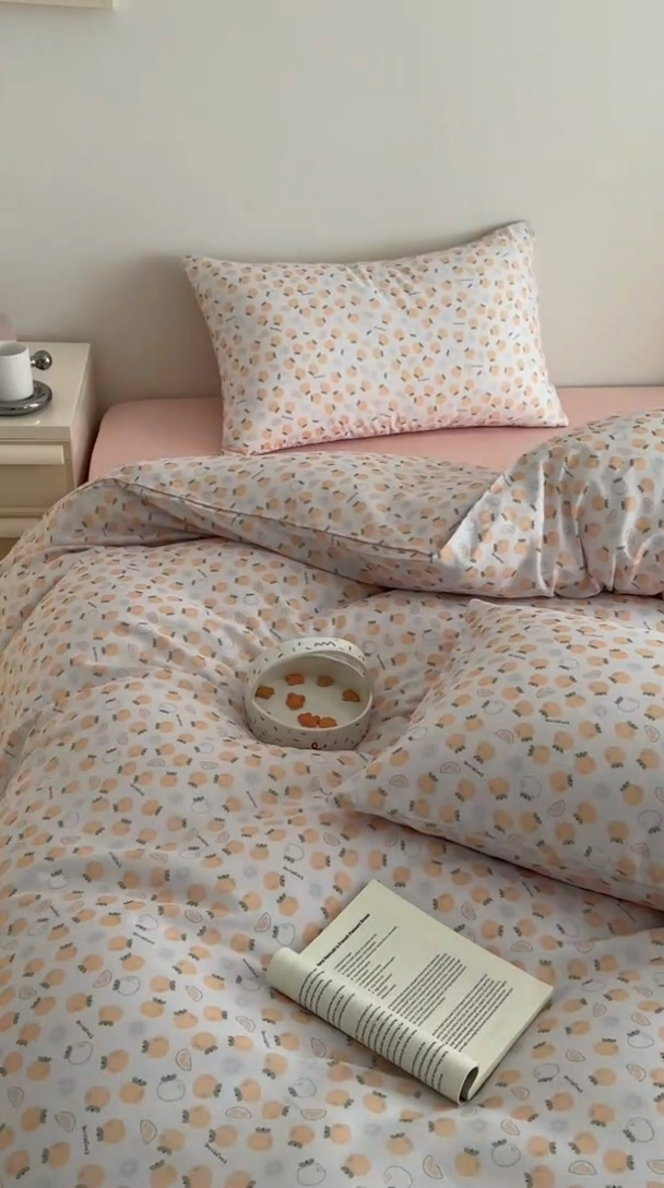 91家纺网 家纺一手货源 找家纺 塞纳 2026新款.全棉有氧双层纱四件套-场景一 大橘大利-桔