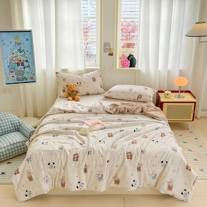 91家纺网 家纺一手货源 找家纺 慕尚家纺 2025新款水洗棉花边工艺羽丝棉卡通系列夏被 吖咪兔