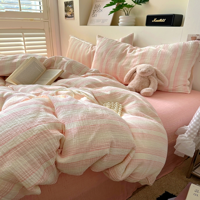 91家纺网 家纺一手货源 找家纺 田野2025新款全棉皱皱纱四件套 半夏-粉