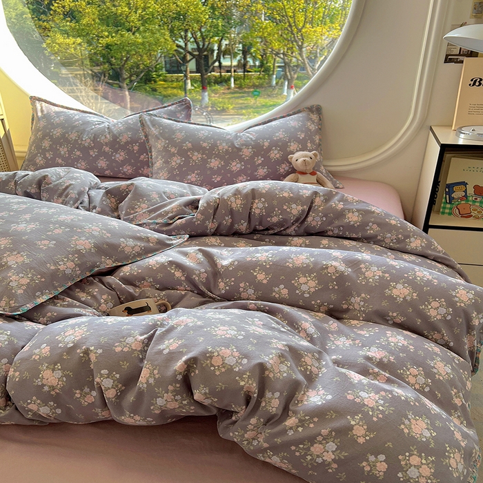 91家纺网 家纺一手货源 找家纺 葡萄家 2025爆款高克重彩色三角针A类针织双层纱四件套 提供买家秀 茉福灰