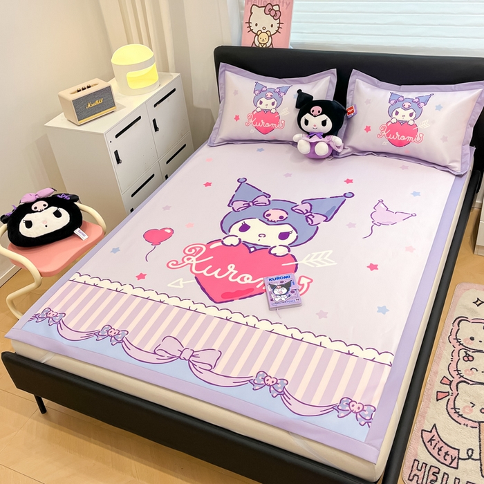 91家纺网 家纺一手货源 找家纺 2025新款正版授权A类大版数码印花三丽鸥可机洗1200D冰丝凉席席子凉席可组合针织棉夏被四件套-平铺款 平铺款-爱心库洛米