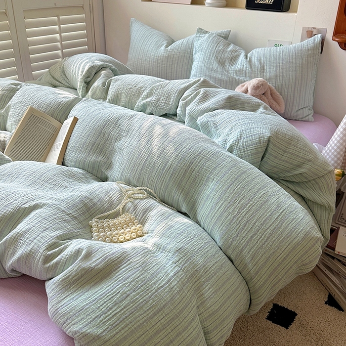 91家纺网 家纺一手货源 找家纺 田野2025新款全棉皱皱纱四件套 小半-绿紫