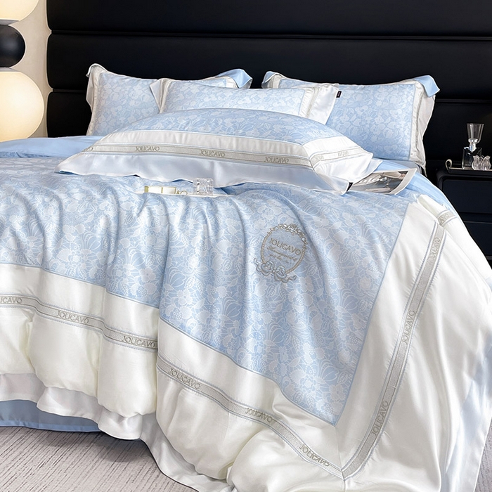 91家纺网 家纺一手货源 找家纺 高端轻奢A类母婴级兰精天丝全工艺刺绣四件套高端真丝夏季丝滑裸睡床上用品  维曼-香颂蓝