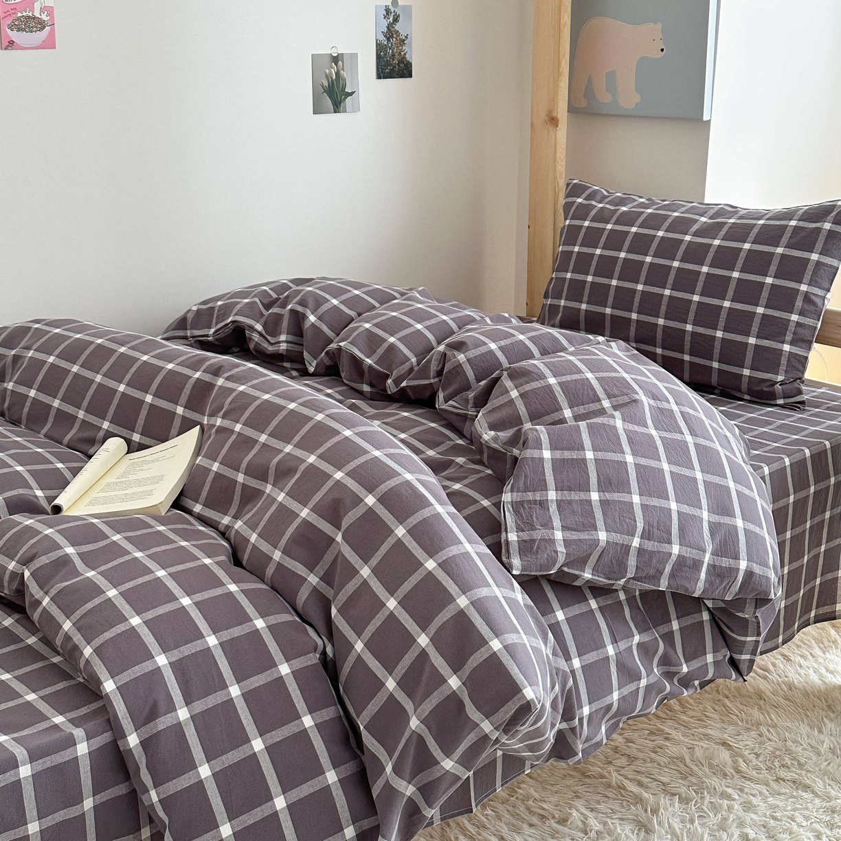 91家纺网 家纺一手货源 找家纺 拔萃 2025新款全棉纯棉色织学生上下铺套件格子纯棉宿舍三件套六件套 灰中格