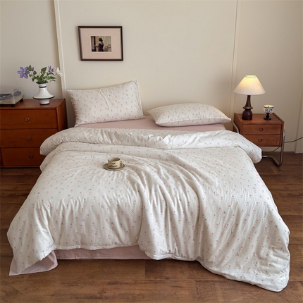 曲之慕2025新款A类母婴级有氧全棉纯棉双层纱印花四件套 朵拉-粉