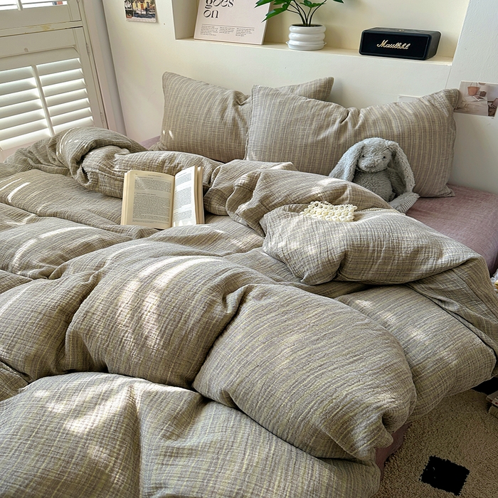 91家纺网 家纺一手货源 找家纺 田野2025新款全棉皱皱纱四件套 小半-亚麻棕