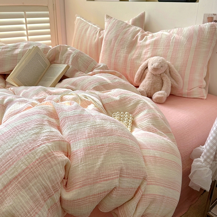 91家纺网 家纺一手货源 找家纺 田野2025新款全棉皱皱纱四件套 半夏-粉