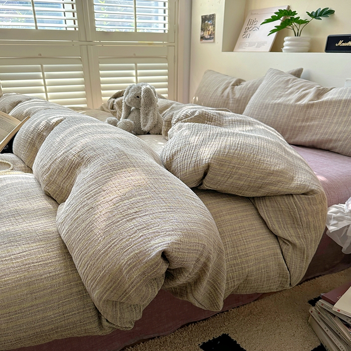 91家纺网 家纺一手货源 找家纺 田野2025新款全棉皱皱纱四件套 小半-亚麻棕