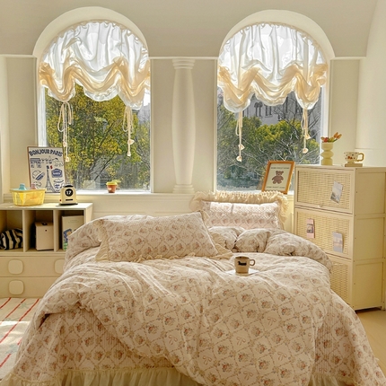 91家纺网 家纺一手货源 找家纺 昊川 2025新款60支全棉双层纱酵素高温砂洗法式床盖 法式花束