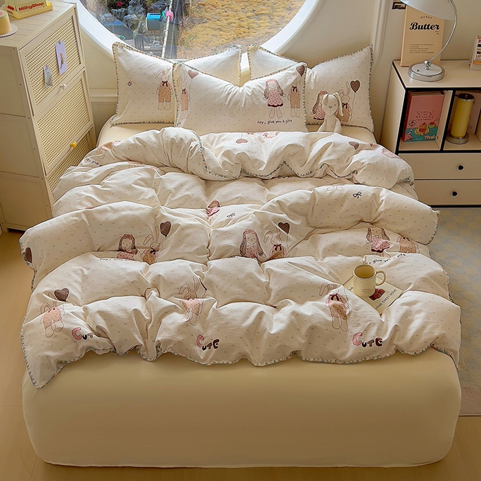 91家纺网 家纺一手货源 找家纺 葡萄家 2025爆款高克重彩色三角针A类针织双层纱四件套 提供买家秀 兔小姐