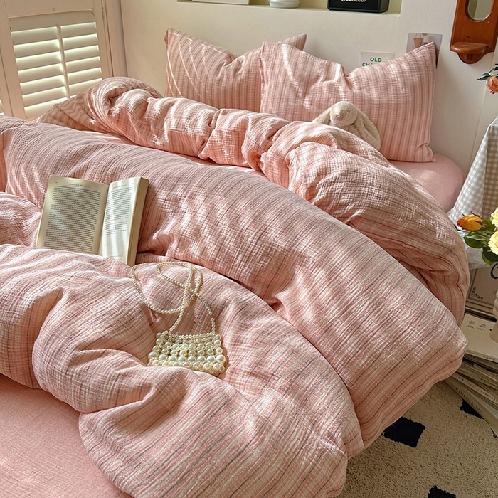 91家纺网 家纺一手货源 找家纺 田野2025新款全棉皱皱纱四件套 小半-粉米