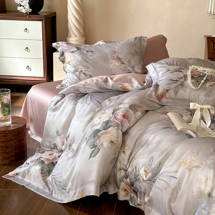 91家纺网 家纺一手货源 找家纺 2025春夏新品数码印花60兰精天丝宽边工艺款四件套 倾城-豆沙