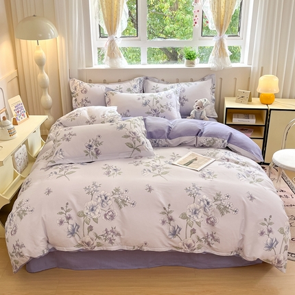 大吉 2025新款100全棉纯棉喷气小清新被套四件套纯棉三件套床笠四件套单被套单枕套 紫韵