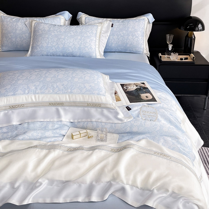 91家纺网 家纺一手货源 找家纺 高端轻奢A类母婴级兰精天丝全工艺刺绣四件套高端真丝夏季丝滑裸睡床上用品  维曼-香颂蓝