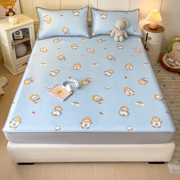 91家纺网 家纺一手货源 找家纺 富馨莱 2025新款床笠款冰藤印花凉席A类抗菌冰丝席支持定制尺寸 开心鸭