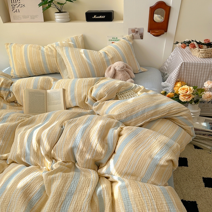 91家纺网 家纺一手货源 找家纺 田野2025新款全棉皱皱纱四件套 时予-桔兰