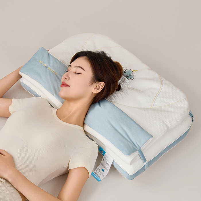 91家纺网 家纺一手货源 找家纺 昕科 2025新款云颈二合一可拆卸牵引枕芯-小被子小毯子枕头刺绣双层枕芯 云颈二合一枕-蓝色