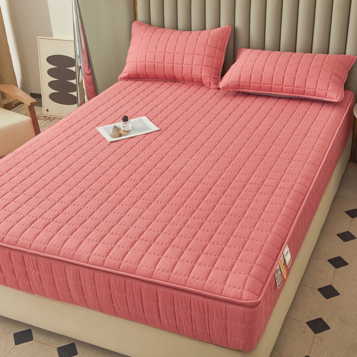 91家纺网 家纺一手货源 找家纺 欧邦 2025新款可拆卸六面全包夹棉床笠 五面夹棉-朱玉粉