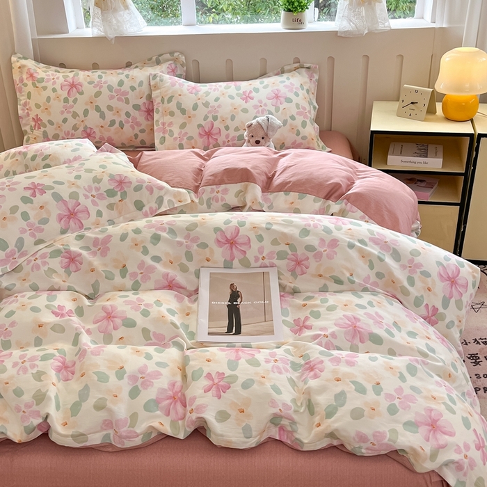 91家纺网 家纺一手货源 找家纺 大吉 2025新款100全棉纯棉喷气小清新被套四件套纯棉三件套床笠四件套单被套单枕套 甜梦