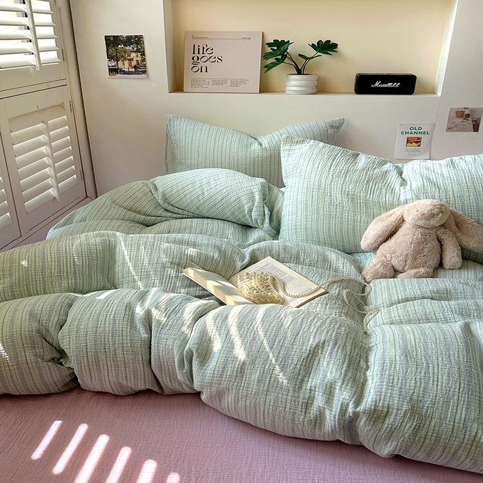 91家纺网 家纺一手货源 找家纺 田野2025新款全棉皱皱纱四件套 小半-绿紫