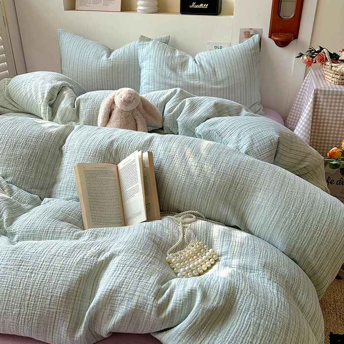 91家纺网 家纺一手货源 找家纺 田野2025新款全棉皱皱纱四件套 小半-绿紫