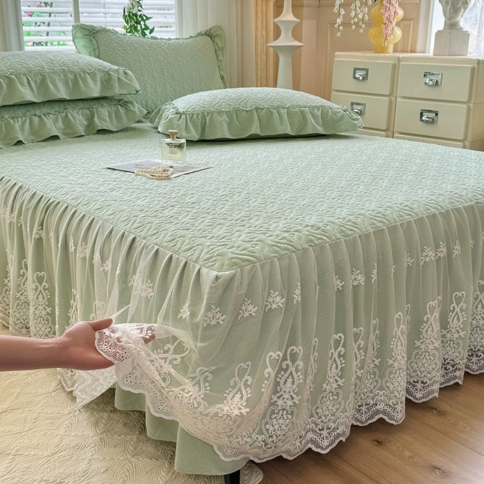 91家纺网 家纺一手货源 找家纺 2025新款A类华夫格大豆棉床裙四件套-梦幻花园 梦幻花园-绿