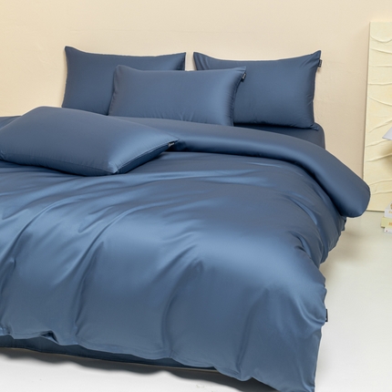 舒慕家纺 2025新款100s高支贡缎长绒棉纯色四件套双拼四件套（送包装） 宾利蓝