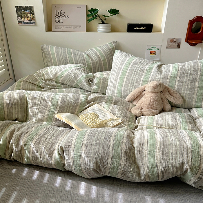 91家纺网 家纺一手货源 找家纺 田野2025新款全棉皱皱纱四件套 时予-灰绿