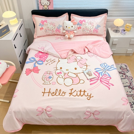 2025新款正版授权A类大版数码印花三丽鸥可机洗1200D冰丝凉席席子凉席可组合针织棉夏被四件套-平铺款 平铺款-美美KT