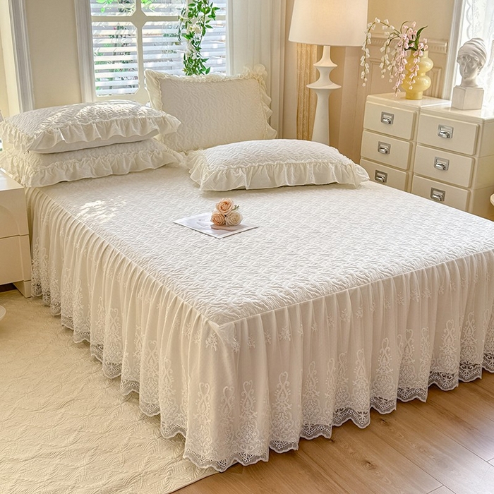 91家纺网 家纺一手货源 找家纺 2025新款A类华夫格大豆棉床裙四件套-梦幻花园 梦幻花园-米