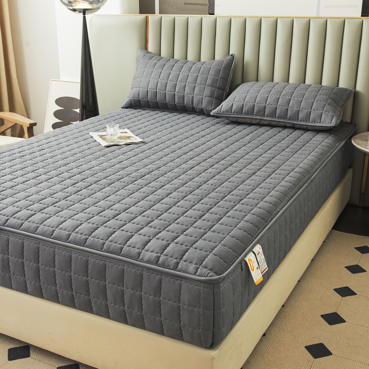 91家纺网 家纺一手货源 找家纺 欧邦 2025新款可拆卸六面全包夹棉床笠 五面夹棉-深灰