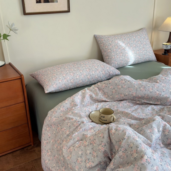 91家纺网 家纺一手货源 找家纺 曲之慕2025新款A类母婴级有氧全棉纯棉双层纱印花四件套 莉雅-绿