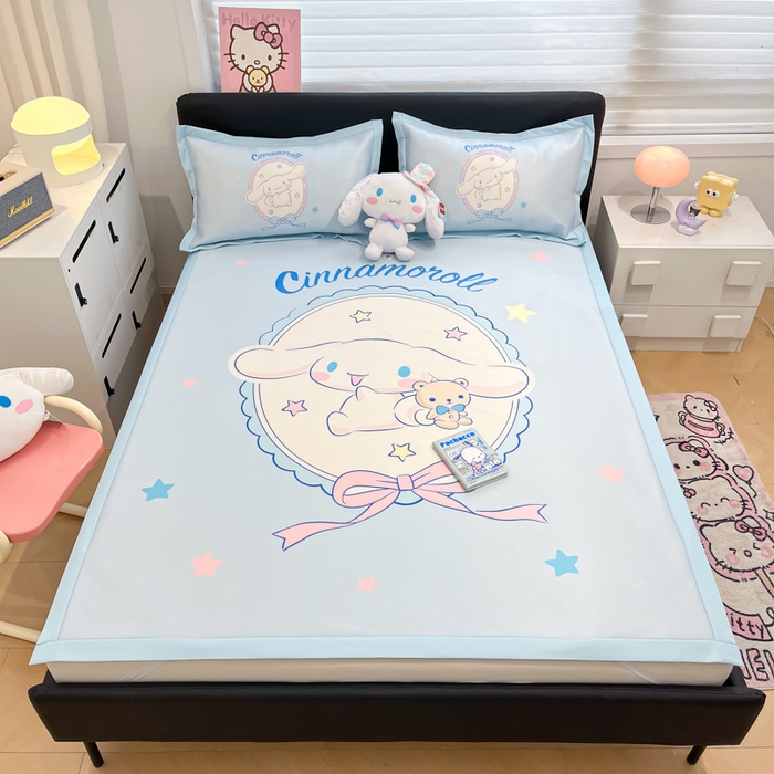 91家纺网 家纺一手货源 找家纺 2025新款正版授权A类大版数码印花三丽鸥可机洗1200D冰丝凉席席子凉席可组合针织棉夏被四件套-平铺款 平铺款-幸福大耳狗