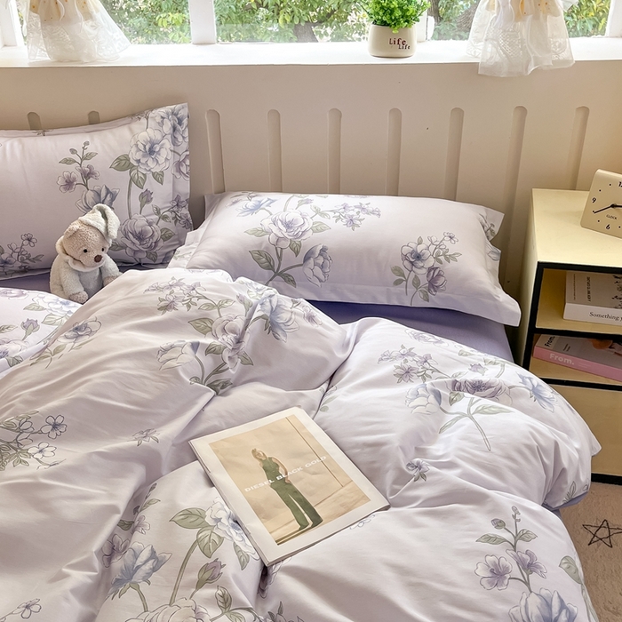 91家纺网 家纺一手货源 找家纺 大吉 2025新款100全棉纯棉喷气小清新被套四件套纯棉三件套床笠四件套单被套单枕套 紫韵