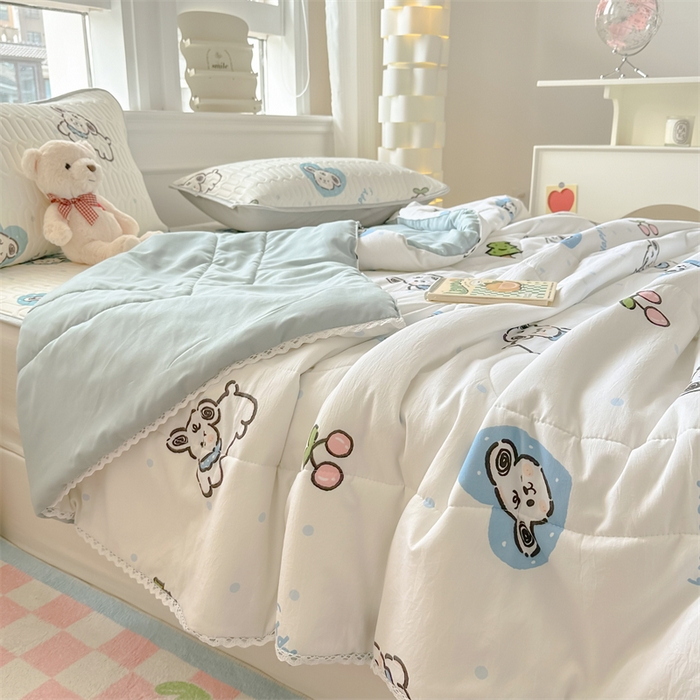 91家纺网 家纺一手货源 找家纺 慕尚家纺  2025春夏新款乳胶凉席水洗棉夏被夏凉被空调被三件套四件套 淘气狗