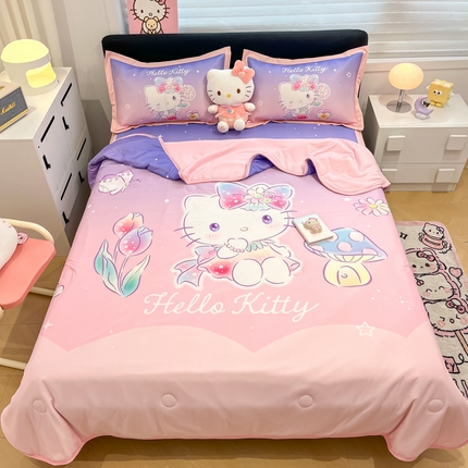 2025新款正版授权A类大版数码印花三丽鸥可机洗1200D冰丝凉席席子凉席可组合针织棉夏被四件套-平铺款 平铺款-梦幻KT