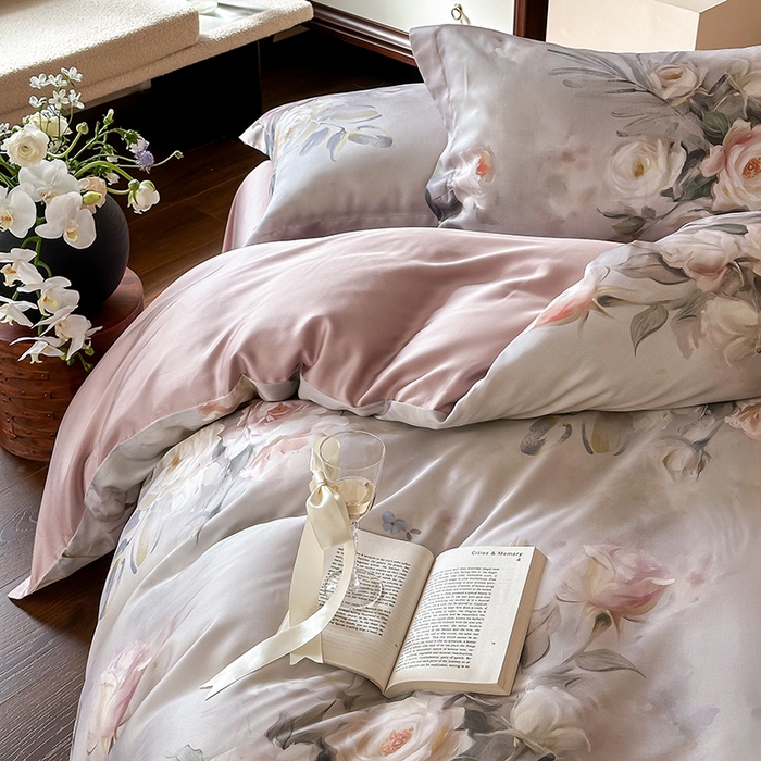 91家纺网 家纺一手货源 找家纺 2025春夏新品数码印花60兰精天丝宽边工艺款四件套 倾城-豆沙