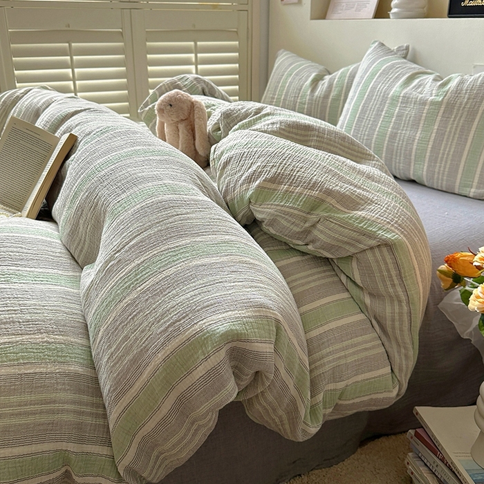 91家纺网 家纺一手货源 找家纺 田野2025新款全棉皱皱纱四件套 时予-灰绿