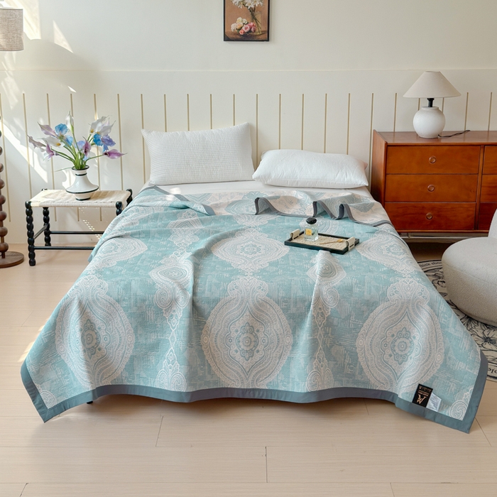 91家纺网 家纺一手货源 找家纺 2025新款A类纯棉针织三层纱提花多功能毯 蓝色-梦回