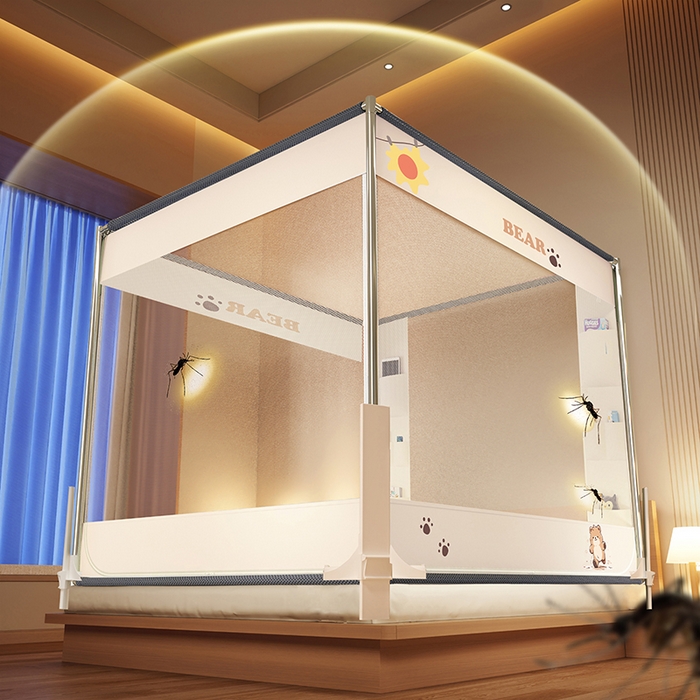 91家纺网 家纺一手货源 找家纺 青竹苑 2025新款围栏支架口袋款坐床防摔蚊帐 快乐熊