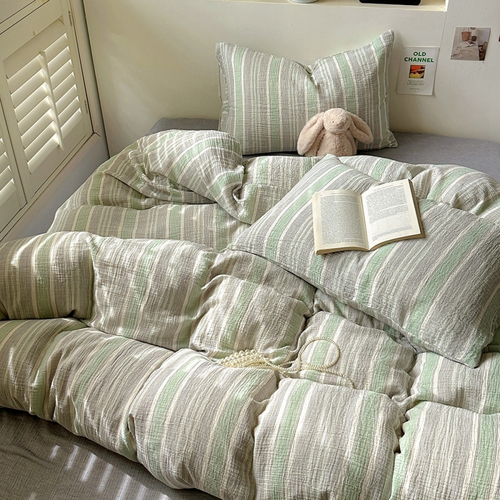 91家纺网 家纺一手货源 找家纺 田野2025新款全棉皱皱纱四件套 时予-灰绿